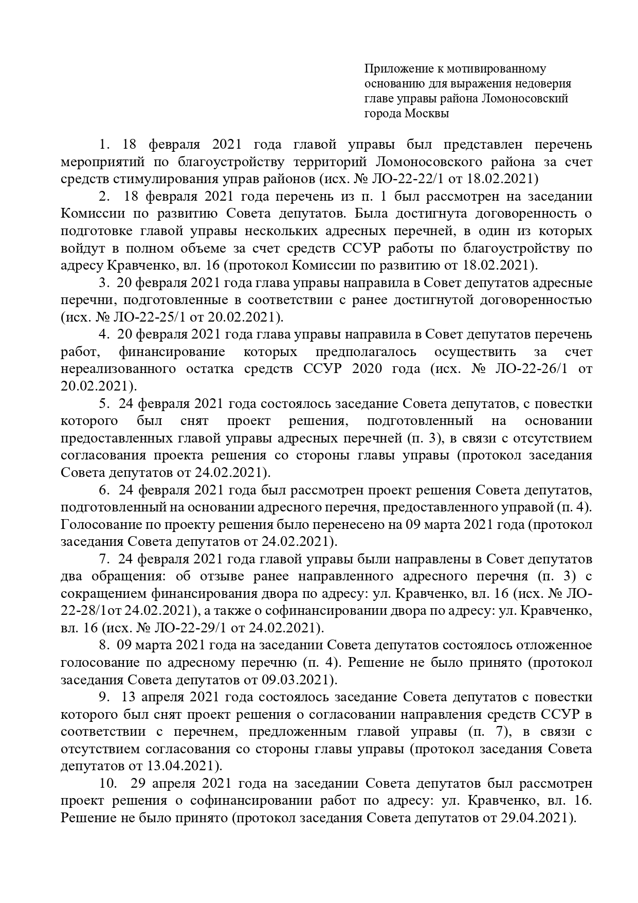 Недоверие главе управы – Муниципальный округ Ломоносовский в городе Москве